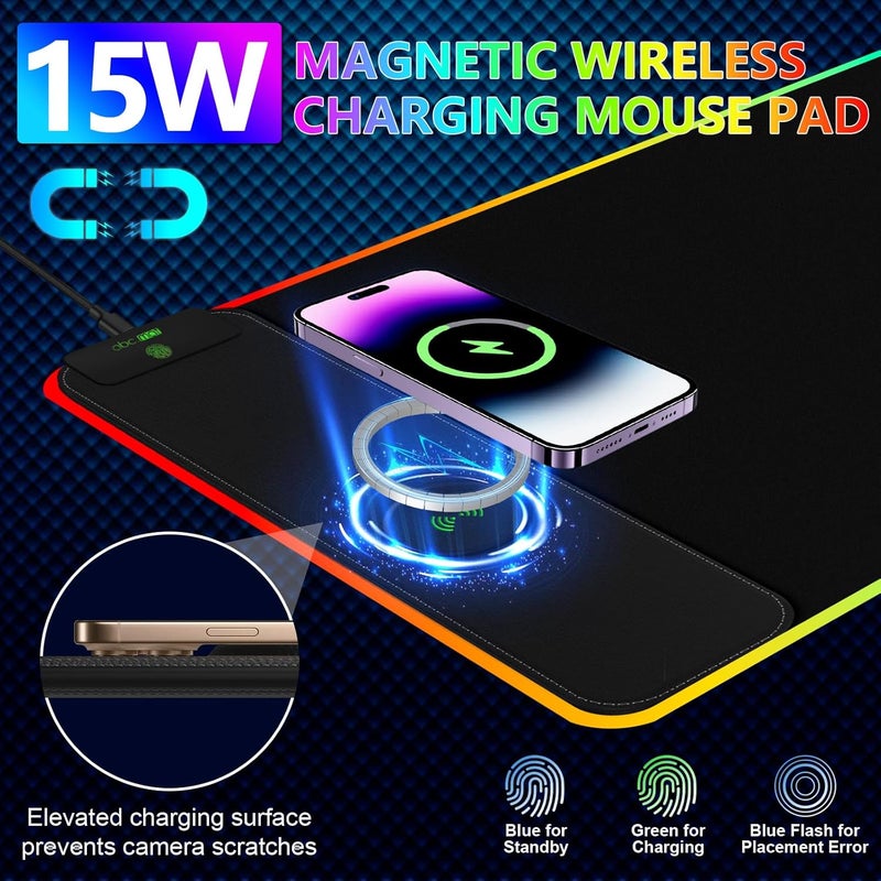 abc.mat Magnetic Wireless Charging RGB Mouse Pad, 31.5'' x 15.8'' Large LED Gaming Desk Mat, 24 Light Effects, Non-Slip Rubber Base, Waterproof Ultra-Smooth Surface - Image 2